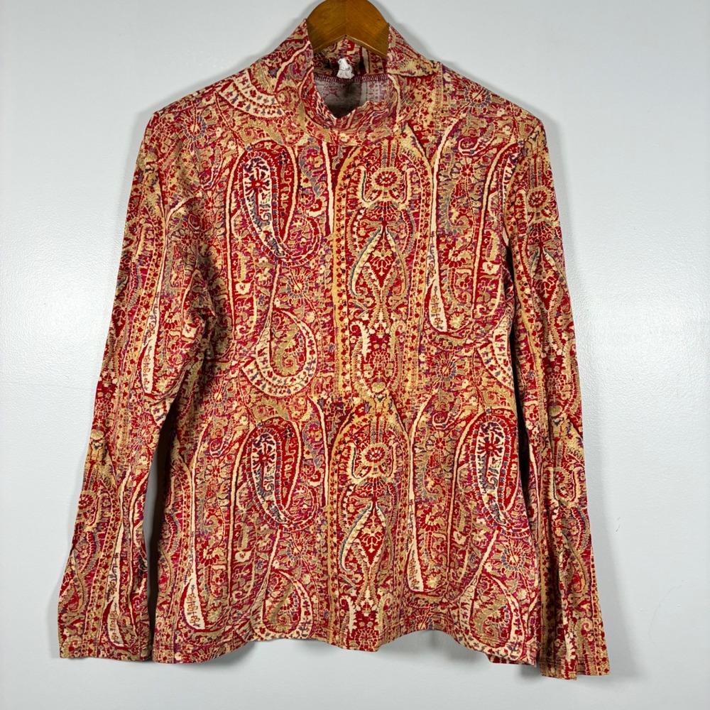 Jones New York Top XL Red Paisley Mock Neck Stretch Cotton Layer Office Bohemian